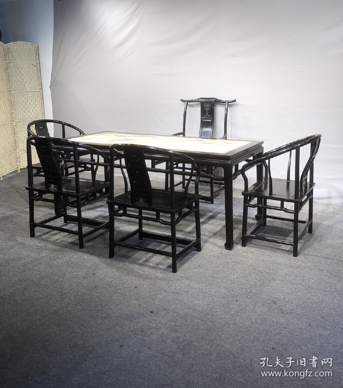 紫檀镶云石茶桌六件套