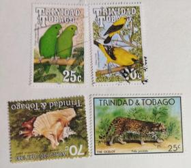美洲邮票15(特立尼达和多巴哥)~海洋低等动物/鸟类/哺乳动物专题--绿腰鹦哥/黄拟鹂/美洲豹猫/女皇凤凰螺(新票)