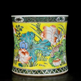清光绪粉彩花鸟荷花仙鹤纹笔筒；19.5x19.6厘米