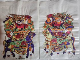 精品首现！！！朱仙镇木版年画社木刻木版年画版画*马上秦琼敬德门神一对*带落款