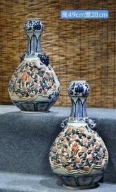 旧藏 识款【大元国至正元年九月】青花釉里红捏塑两面开窗兽首堆塑蒜头瓶一对，此瓶捏塑工艺精美，寓意一鸣惊人，胎体厚重感十足，保存完整，尺寸见图一