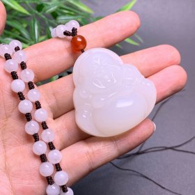 方解石玉送证书礼盒天然玉佛大肚弥勒笑佛玉石佛公项链玉坠毛衣链送妈妈