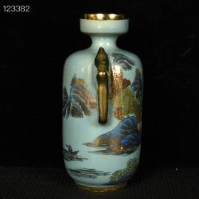 宋汝瓷崇宁元年清凉寺御制青釉加彩描金山水纹双耳盘口瓶