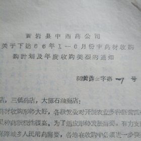 （中医资料）黄岩县66年1~6月份中草药收购计划收购类型的通知。