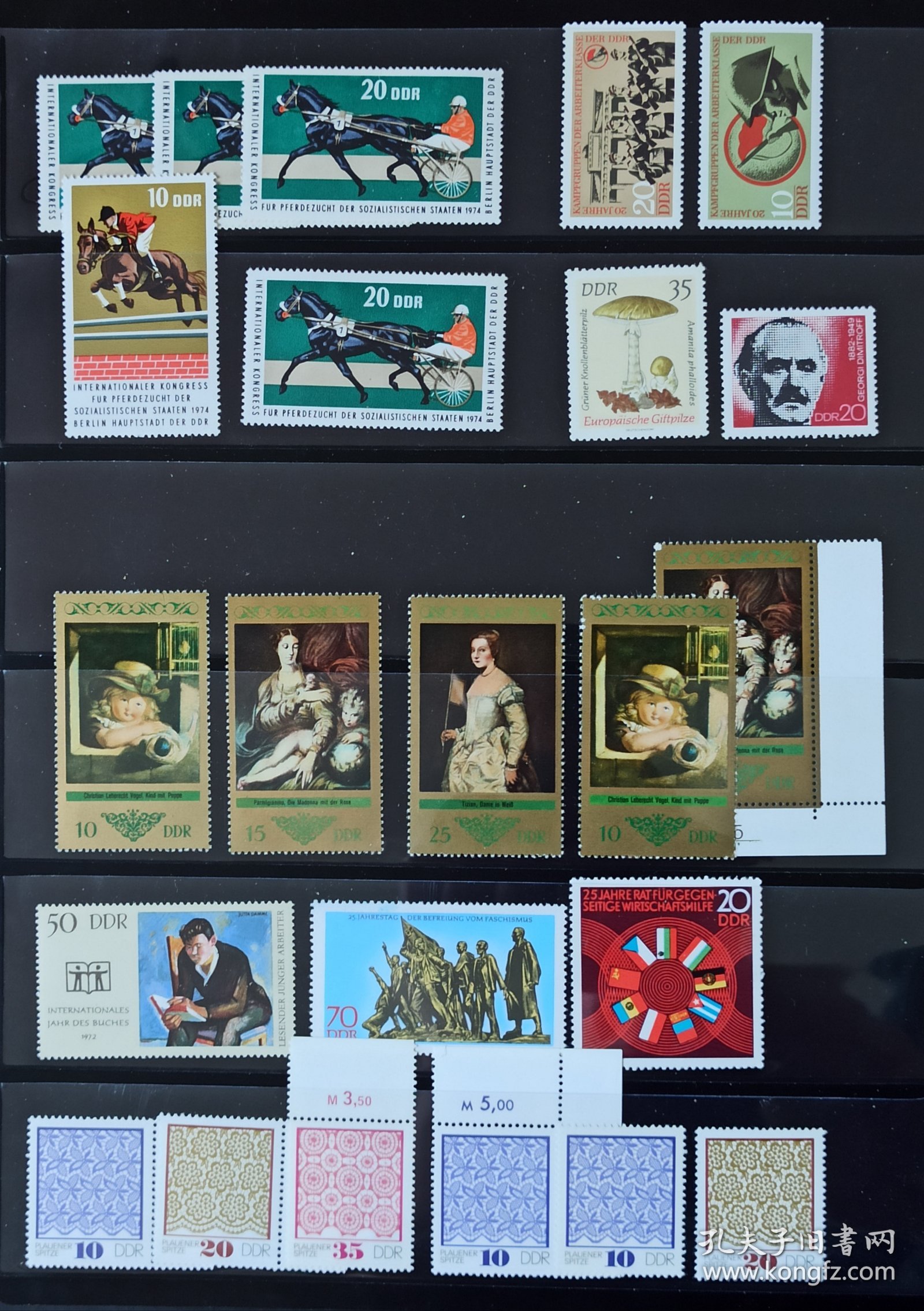 东德六七十年代邮票一组，包括人物，绘画，建筑，服饰等各种题材，丰富多彩，共八十枚。原胶无贴。