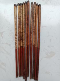 建国初期浙江省鄞县筷厂制作10根筷子，花纹精美，有节约粮食字样，铁盖头。
