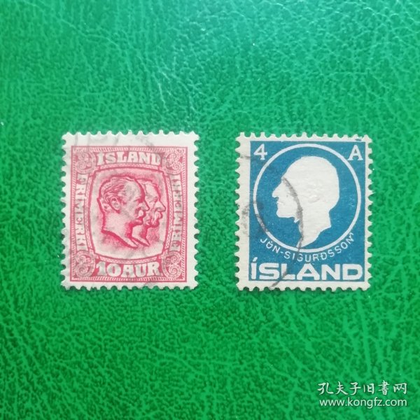 冰岛邮票 1907年 克里斯蒂九世和弗雷德里克七世国王+ 1911年开国元首西尔古德森上品信销票 2枚