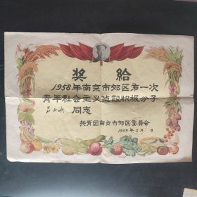 1959年共青团南京市奖状