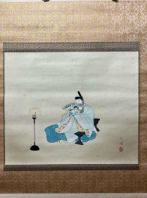 灯下观扇，武雄绘，日本卷轴画