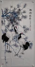 保真书画，张志能《松岭鹤寿》国画作品一幅，纸本画心，尺寸：138*69中国美术家协会会员,中国工笔画协会会员，曲阜鸿儒书画院副院长,安徽省美术家协会会员,安徽省中国画协会理事。