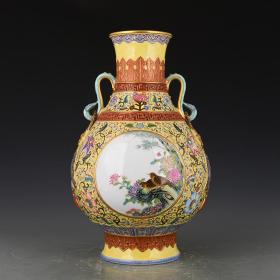清乾隆黄地珐琅彩开光花鸟如意耳瓶 古玩古董古瓷器42×26厘米