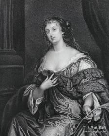 1861年钢版画，温莎堡十二美人图系列③《THE COUNTESS DE GRAMMONT -格拉蒙特伯爵夫人》--伊丽莎白·格拉蒙特伯爵夫人(Elizabeth, comtesse de Gramont)，爱尔兰贵族，嫁给了一个法国人，后来是法王路易十四王后的侍女
纸张尺寸26.5*18cm，三边刷金。
最后一张彩图为网络图片参考…