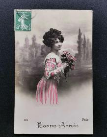 法国1917年，美女明信片，贴女神邮票