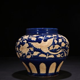 元祭蓝釉雕刻凤凰牡丹纹罐22*24厘米 1500