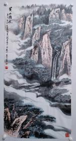 保真书画，陈华四尺整纸国画作品《黄山雄风》一幅，尺寸:136.5*68陈华字夕白，号天龙，1952年生于山东省潍坊市，潍县四大名门陈氏世家后裔。潍坊市博物馆副研究员，中国水墨艺术研究院研究员，艺委会委员，山东美协会员，潍坊市美术家协会顾问，潍坊北海书画院副院长。（此作品为中国书画函授大学八九十年代作品）