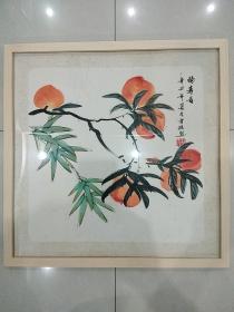 斗方花鸟小品《福寿图》已装框实木外框+有机玻璃