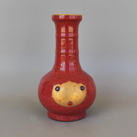 哥窑红釉金丝铁线鹿纹宝石瓶