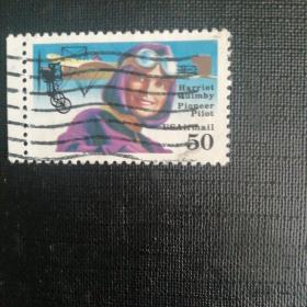 美国邮票：航空先驱女飞行员哈丽昆比布莱里奥航空信销散票1枚带左边实拍如图收藏保真.