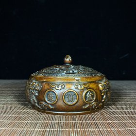 旧藏纯铜浮雕龙凤招财进宝烟缸，高7.2厘米，长12厘米，重672克。