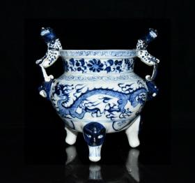 元青花龙纹兽头香炉    古玩古董老瓷器收藏   21x20