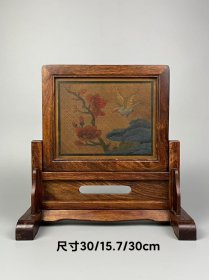 旧藏【喜上梅梢 插屏】黄花梨框、漆器画屏，全品完整、实拍如图！