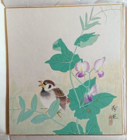 春的紫花与雀 日本精品回流套装色卡 手绘品 玲燕作品 纸本 纵27Cm横24cm。画功佳。实价不议不包不退。