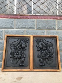 大件！砖雕瑞兽一对，高浮雕