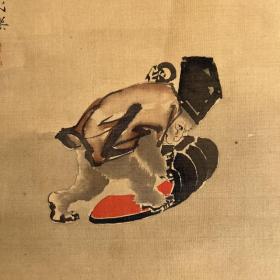 日本老画，猿戏图，小幅，微型茶挂，绢本绫裱无轴头，有老化脱裱，画心20.8*20 005