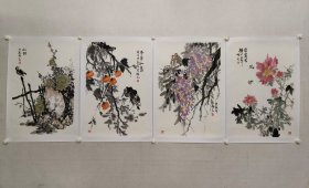 山西名家，贾智高花鸟画四条屏70.5*46cm*4，纸本托片。（保真书画）