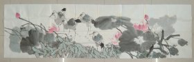 佚名画家精美长幅花鸟画《荷塘清境》