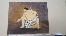 绢本（晴山）手绘 岩彩相扑人物画 至少60~70年代之前的作品！