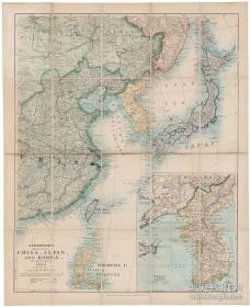 0347古地图1827-1904 中国-日本和韩国地图(英版)。纸本大小55.19*67.52厘米。宣纸艺术微喷复制