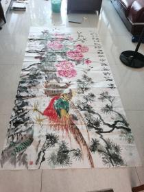 巨幅花鸟画：著名书画家李亦斌＂锦秀富贵万年春＂超大横幅243Ⅹ123cm。真迹，保真。
