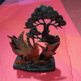 牛角雕刻松鹤延年摆件雕塑