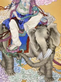 王大凡作品红木镶瓷板画粉彩人物骑象观音挂屏 高90厘米宽53厘米