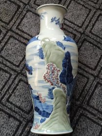【博雅轩老货收藏】清康熙年制青花釉里红浮雕观音瓶高36cm