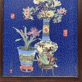 郎士宁作品 红木镶瓷板画粉彩博古图挂屏 景德镇精品瓷板画