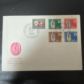 F3101外国信封瑞士邮票 1957年红十字慈善附捐票.红十字.国徽.博爱女神 5全 早期首日封FDC 品相如图 折痕严重