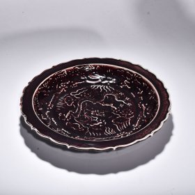 旧藏 元祭红釉雕刻云龙纹菱口折沿盘 高5厘米 宽34厘米