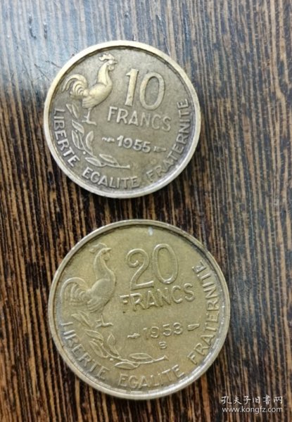 法国，1953年20法郎1955年10法郎，高卢雄鸡一对，铜币，品相好，制作精美