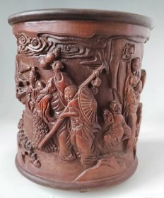 竹雕笔筒《祝寿图》
