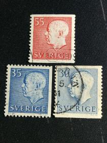 外国邮票 1967年 瑞典国王古斯塔夫六世 雕刻版 3枚  信销票