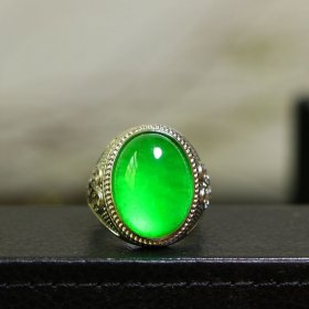 缅甸贵重宝石祖母绿戒指绿宝石翡翠色银镶嵌复古霸气男士活口指环