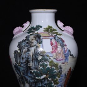 旧藏 清乾隆珐琅彩描金水漫金山人物故事纹福耳瓶 高31.8×20厘米