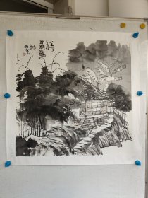 聂欧水墨手绘山水画一副，旧托片，尺寸68x68厘米