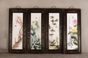 红木包铜皮框镶粉彩花鸟瓷板画挂屏一组《梅兰竹菊》