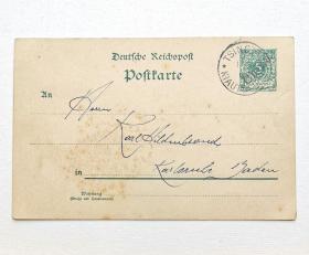 德国在华客邮明信片邮资图加盖斜体“China”5芬尼，山东青岛寄德国卡尔斯鲁厄市，销1900年5月1日客邮局戳。