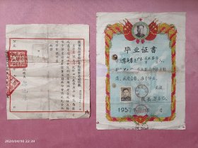 1954年广东海南华侨中学（初中）临时毕业证明书、1957年广东华侨中学（高中）毕业证书
