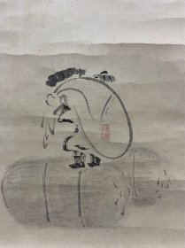 纪瑞，清代时期（1842年）老画《人物图》，印章：纪瑞，释氏瑞叟潭。漆木轴头。