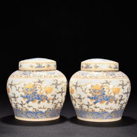 明成化蓝彩描金飞象纹夜光罐（万贵妃铭文） 高14.8厘米 宽15厘米